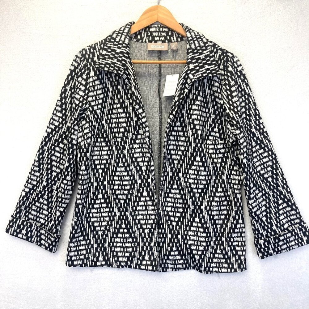 Chicos Diamond Geo Marina Knit Jacket Womens 1 M 8 Black White Open Blazer NEW